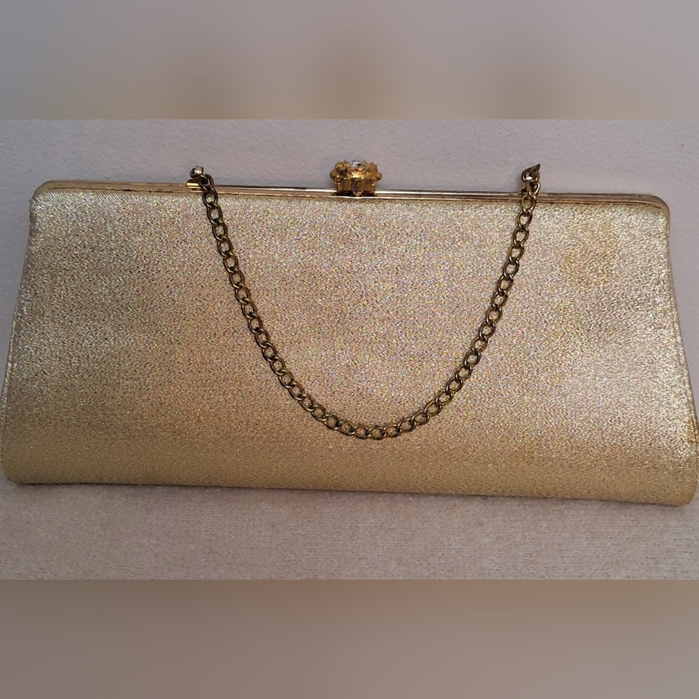 VINTAGE GOLD EVENING CLUTCH/ PURSE WITH GOLD CRYSTAL CLASP